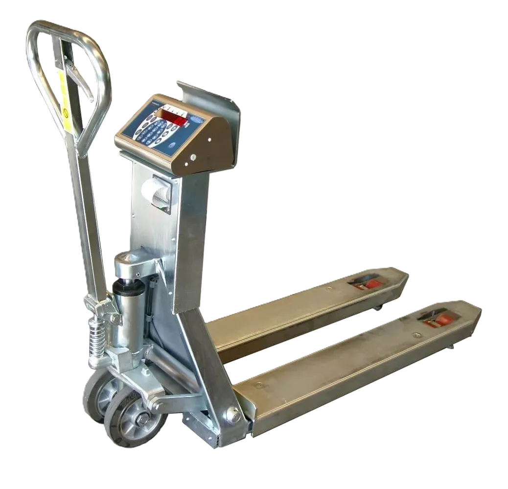 Transpallet pesatore con struttura zincata e terminale inox